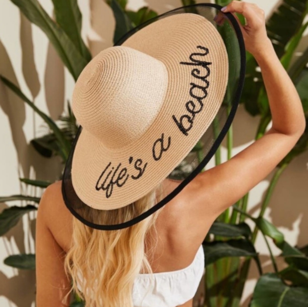 Lifes a Beach Sequined Straw Wide Brim Hat Black Lace Trim